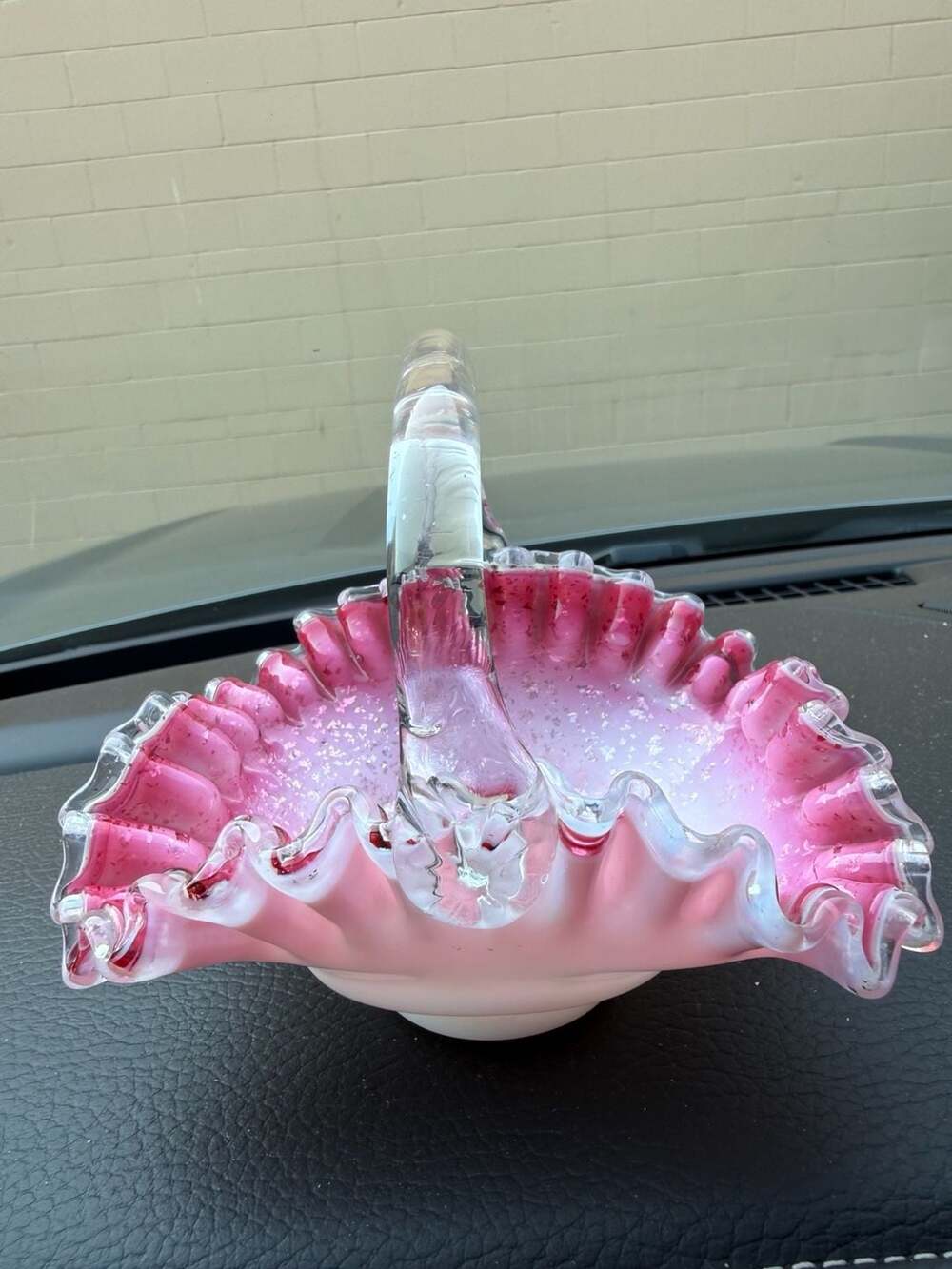 Fenton Pink & White Glass Basket w/Silver Mica & Twisted Handle